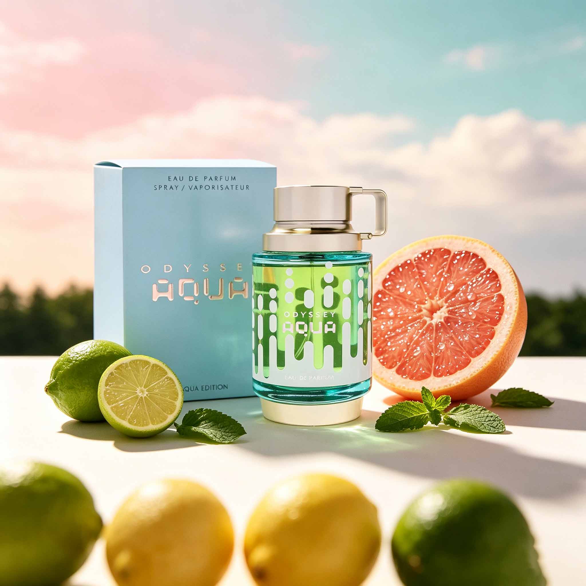 Packaging - น้ำหอม Odyssey Aqua Men, ดีไซน์กาต้มน้ำย้อนยุคที่โดดเด่น, ขวดสีฟ้าใสพร้อมกล่องของขวัญสุดหรู,